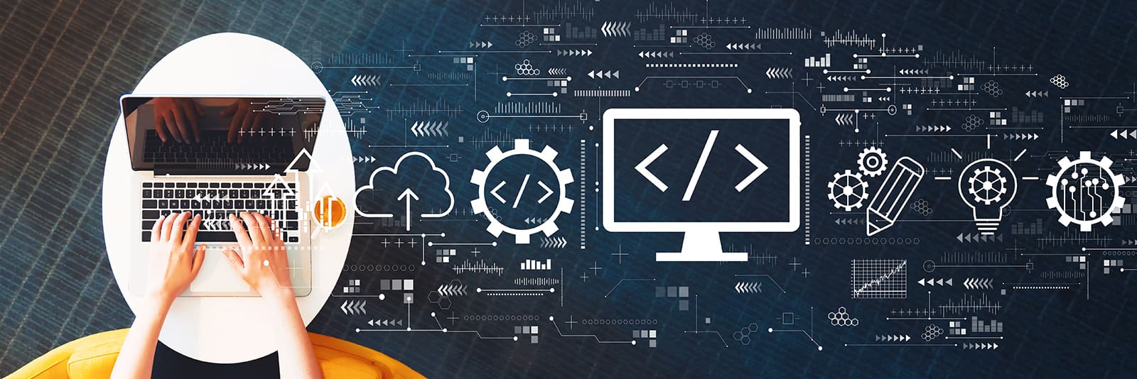 Website Hosting : A woman using her laptop with floating development element icons Domain names