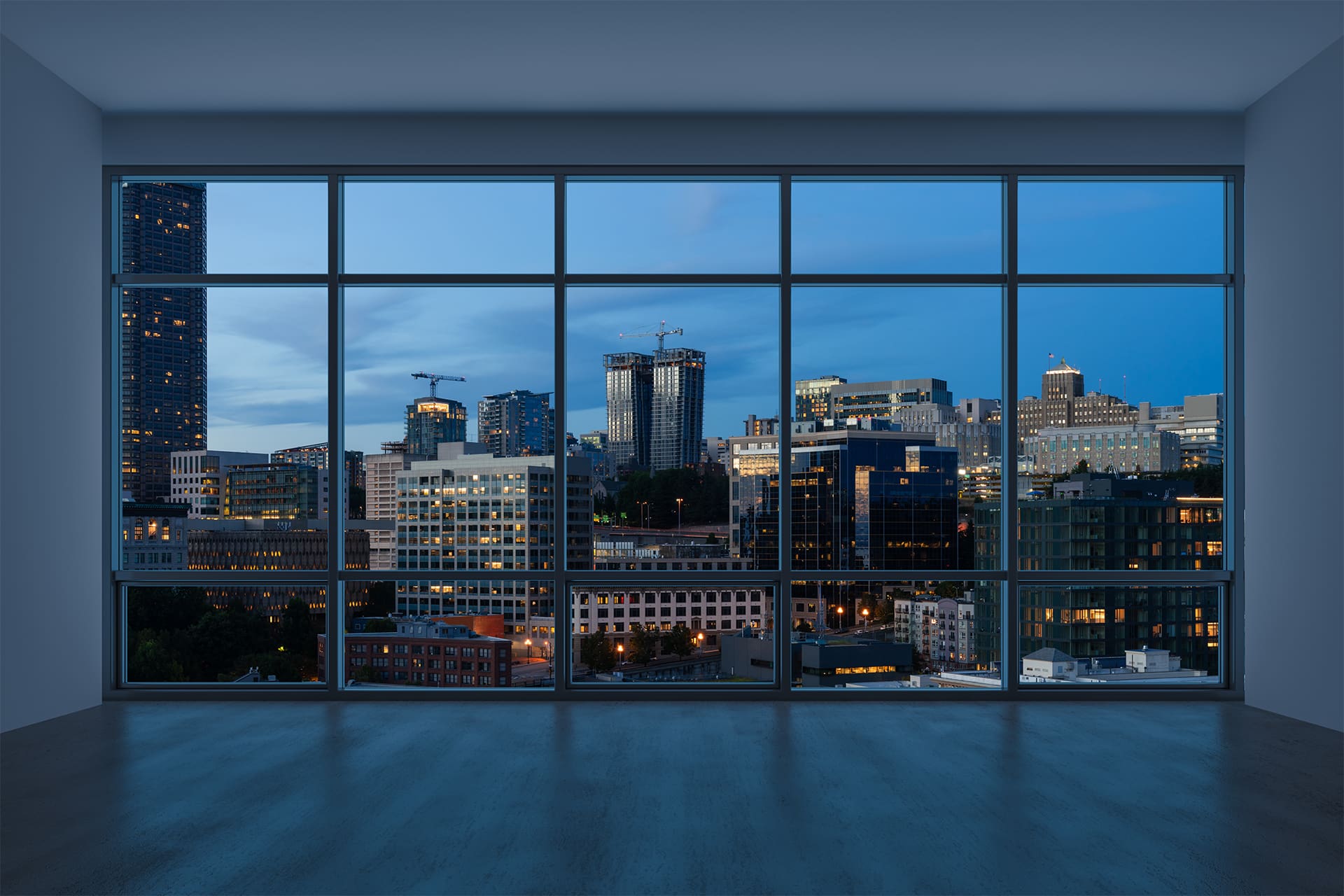 Image of a city as seen through a high rise of a branding agency office - Consort Creative: Create Change Brand DNA