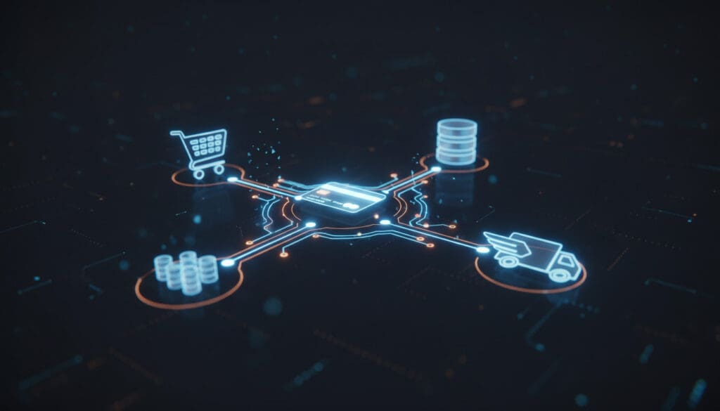 Abstract visualization showing digital lines connecting icons of shopping cart, database, credit card, and delivery truck, symbolizing API-driven commerce connectivity.