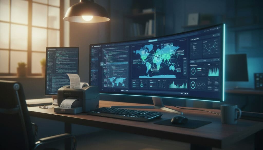 Shipping station with label printer and computer generating shipping labels and tracking updates in real time, symbolizing API-based automated fulfillment and shipping.