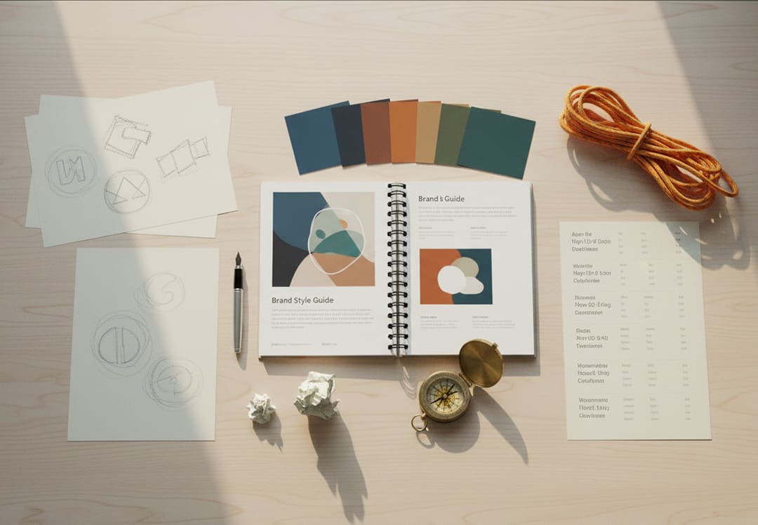 Flat‑lay of brand design materials including logo sketches, color palettes, and typography samples on a clean desk, symbolizing creative strategy and brand identity development