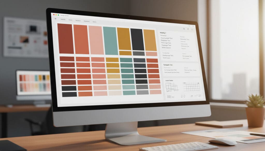 Digital design system interface showing organized color swatches and typography hierarchy panels, symbolizing consistent brand tokenization.