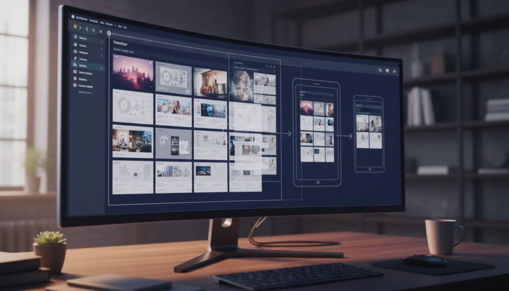 Widescreen monitor showing fluid multi‑column grid layouts reflowing for different devices, symbolizing next‑generation responsive grid systems.