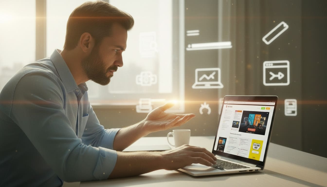 Professional business owner sitting at a desk looking frustrated at an outdated website on a laptop, symbolizing website performance issues and the need for a modern, effective online presence.