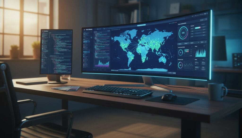 Wide shot of a monitor displaying a world map with glowing CDN nodes and performance metrics dashboard, with code windows nearby, symbolizing technical server optimization.

