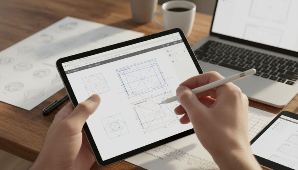 Designer adjusting a logo grid system on a digital tablet, with spacing guides and alignment lines illustrating structured brand design.

 adjusting a logo grid system on a digital tablet, with spacing guides and alignment lines illustrating structured brand design.