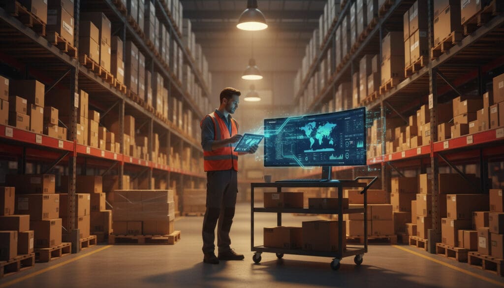 Warehouse shelves with boxes and a worker holding a tablet displaying live inventory syncing data in real time with an e-commerce dashboard, symbolizing automated API-based order updates.

