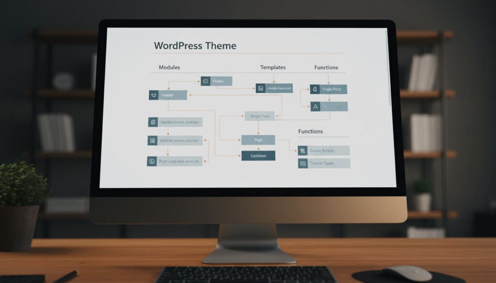 Close‑up of a computer monitor displaying lightweight WordPress theme architecture with modular components, symbolizing efficient high‑speed framework design.