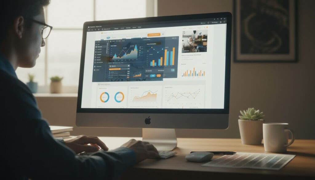 Designer analyzing brand performance dashboard with charts, heatmaps, and metrics over a website interface, symbolizing data-driven brand lifecycle refinement and continuous improvement.
