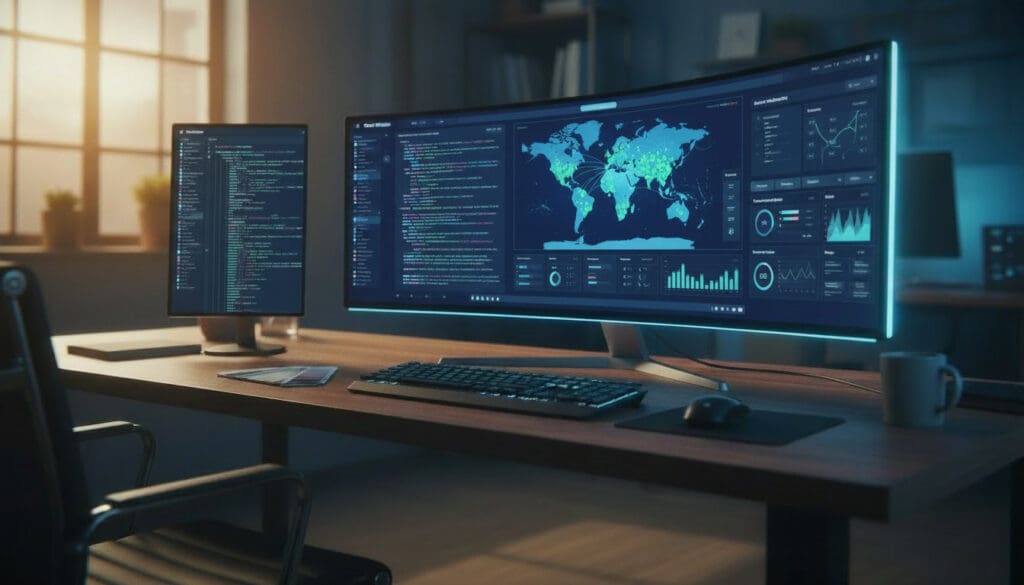Large screen showing server cache hit-rate graph and Redis architecture diagram, representing faster WooCommerce performance through object caching.