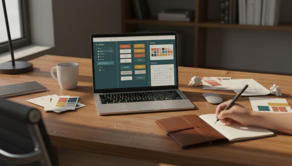 Designer writing notes beside laptop displaying a UI design system with reusable buttons, color palettes, and grids, symbolizing integration of design and development.
