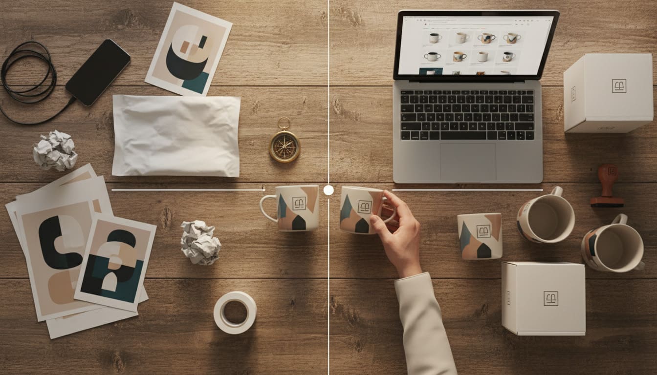Flat-lay on a rustic wooden desk showing the transition from platform dependency to business ownership, with a hand moving a product between two contrasting setups and a compass pointing toward the organized side.