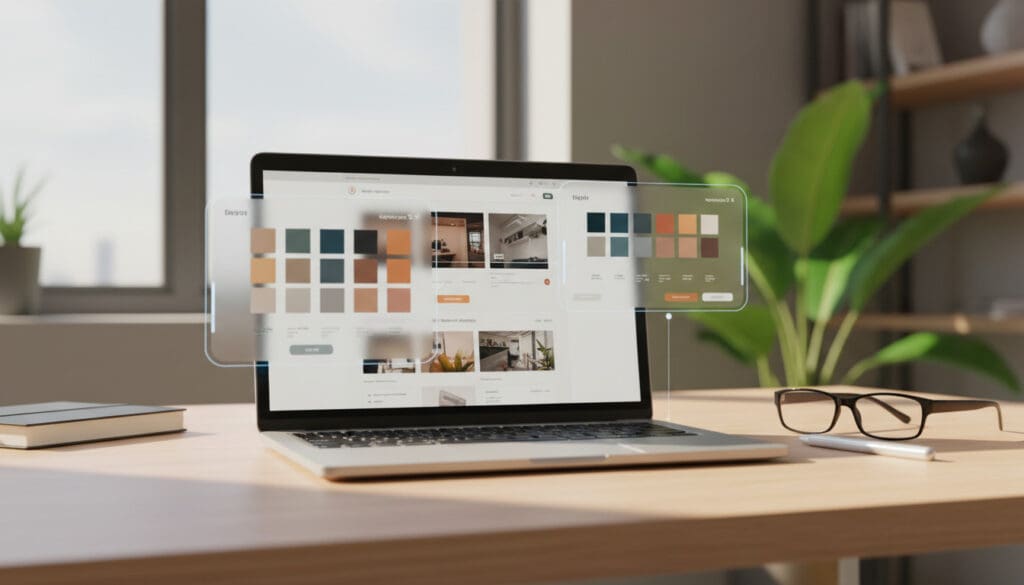 Laptop displaying a high-fidelity website mockup with a semi-transparent brand style guide overlay showing color palettes and typography, symbolizing visual consistency between brand and web design.