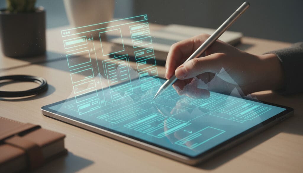 Close-up of a hand holding a stylus drawing a sitemap on a tablet screen with a faint mountain landscape overlay, symbolizing mapping digital terrain strategically and creatively.
