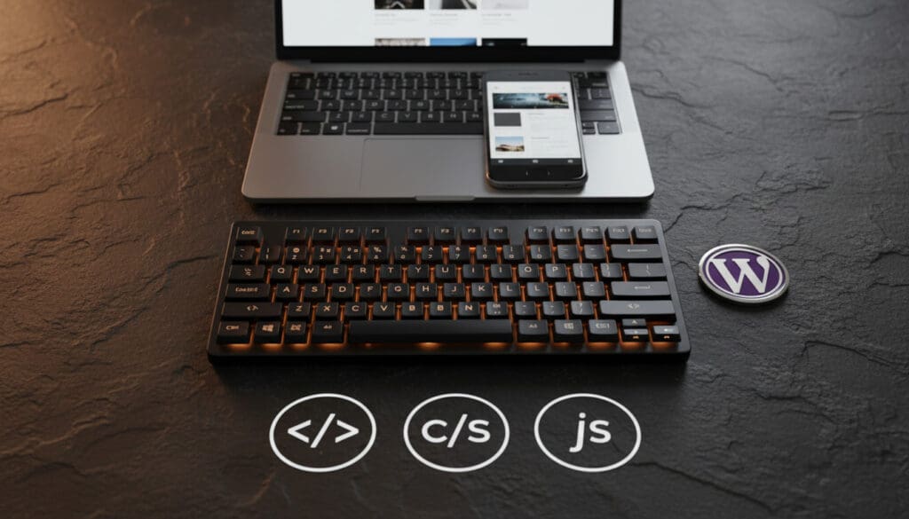 Artistic flat lay of web development tools featuring a glowing keyboard, WordPress logo badge, smartphone and laptop displaying the same website in progress, and HTML, CSS, and JavaScript icons, symbolizing modern creative web design and development.