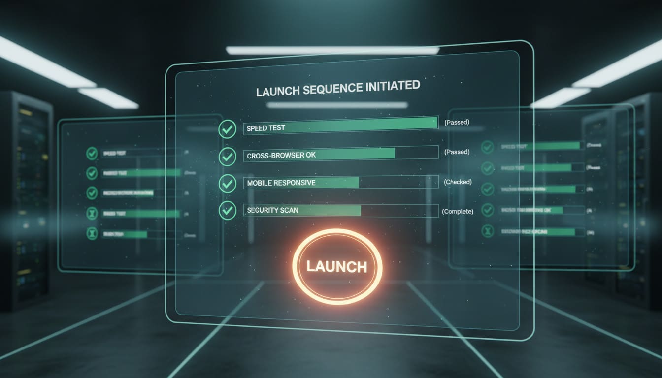 Modern website launch dashboard showing green checkmarks for Speed Test, Cross-Browser OK, Mobile Responsive, and Security Scan, with a glowing LAUNCH button ready to be pressed, symbolizing readiness and performance success.