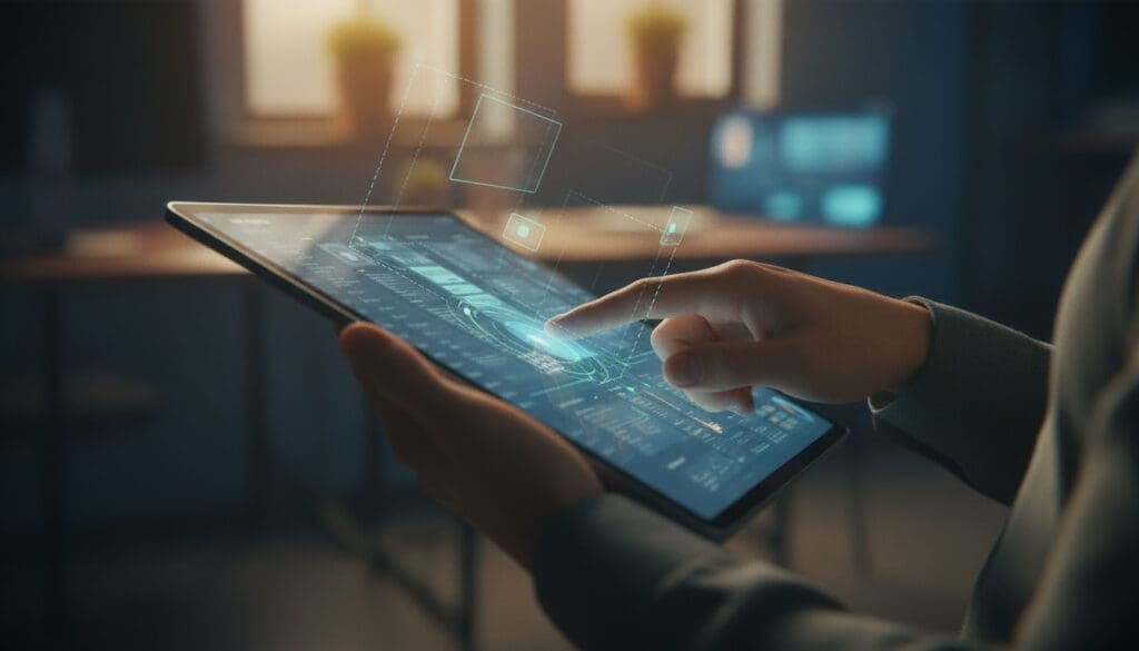 User holding a tablet with interactive UI elements that animate gently with touch and motion, symbolizing micro‑interactions and motion responsiveness in modern design.