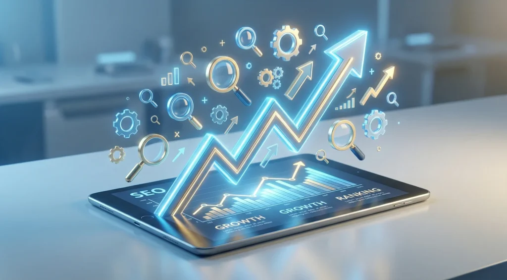 3D illustration of a glowing upward trend line emerging from a digital tablet surrounded by search icons, representing the connection between brand strategy, SEO success, and business growth.