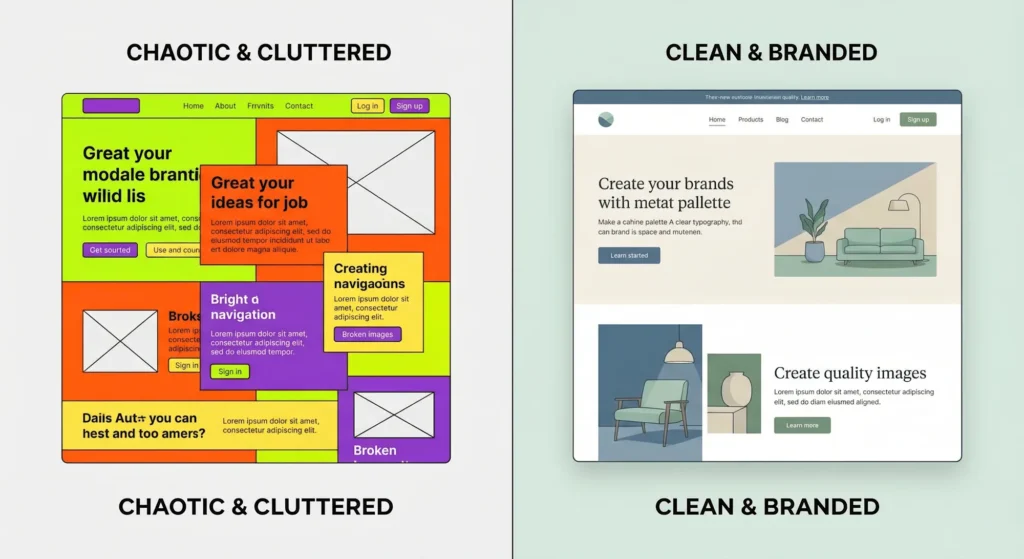 Split-screen comparison showing a cluttered, confusing website on the left versus a clean, organized, and branded website interface on the right, highlighting the impact of strategy on UX
