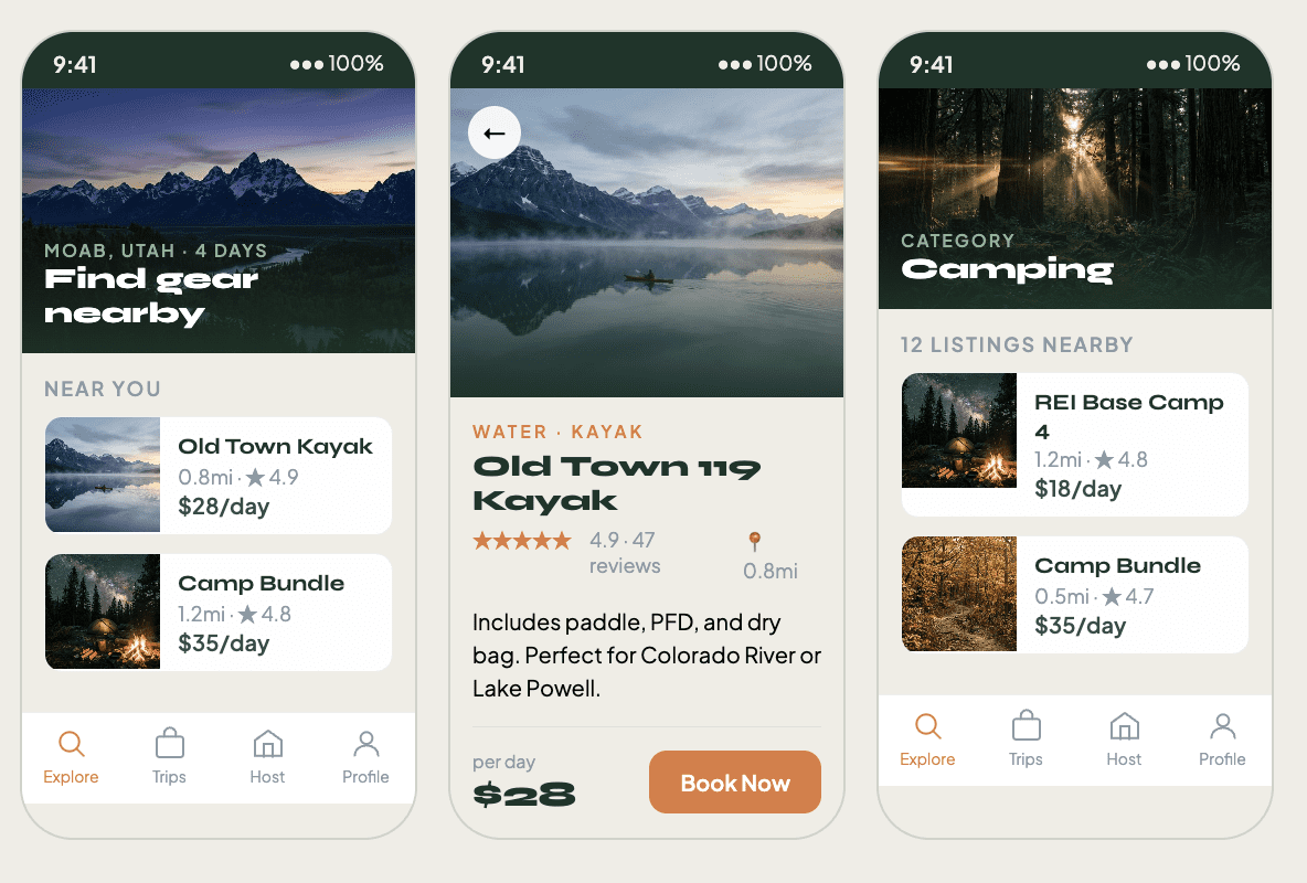 Rent'NTrek App Screens
