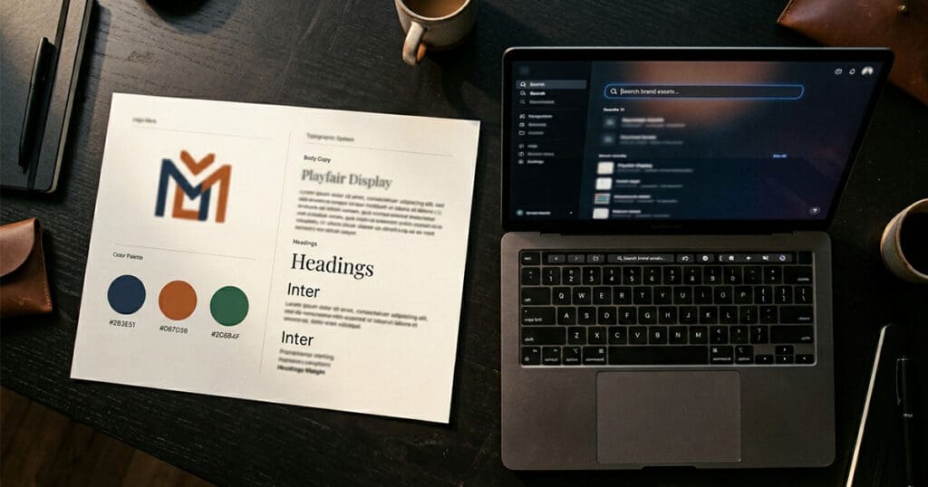 Brand identity sheet next to laptop search interface representing the connection between brand strategy and AI search visibility for small businesses