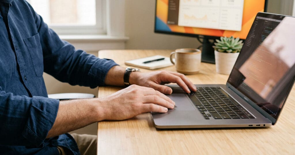 Business owner at desk ready to book a consultation with a St. Louis branding and AI SEO agency