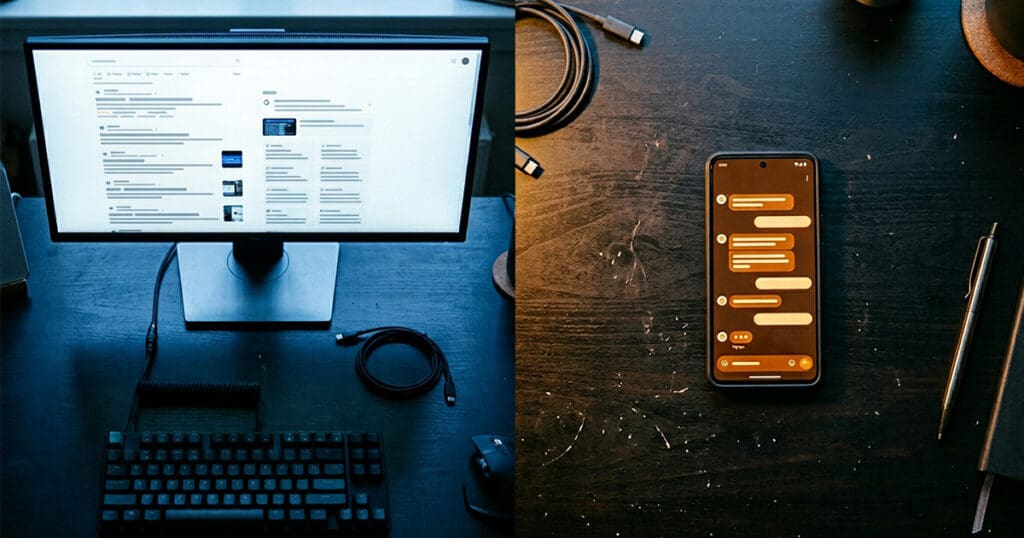 Comparison of traditional Google search on desktop versus AI search on smartphone, representing the shift to generative engine optimization