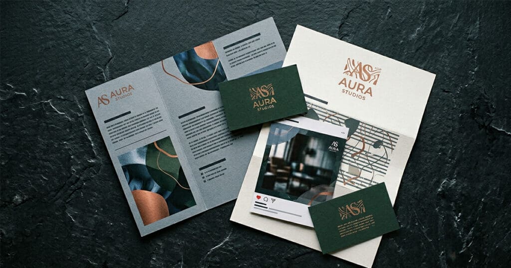 Four brand collateral pieces with inconsistent colors and logo placement representing brand inconsistency costs for small businesses without brand guidelines