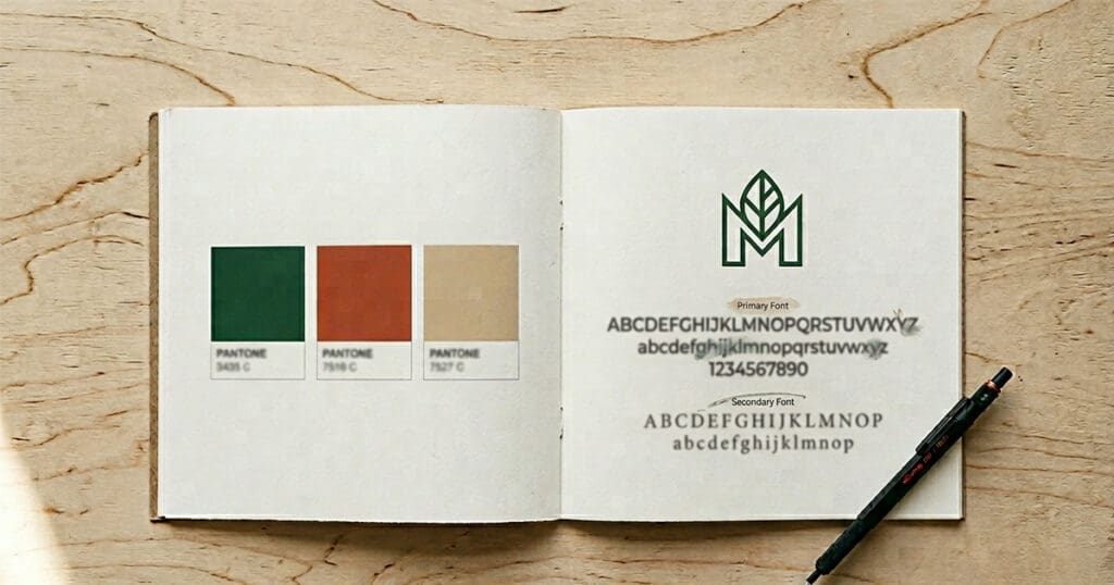 Open brand guidelines document showing color swatches logo mark and typography representing what professional brand standards include for small businesses