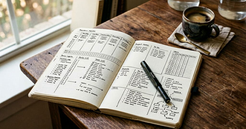 Open strategy notebook representing brand discovery and positioning work that must happen before small business website design begins