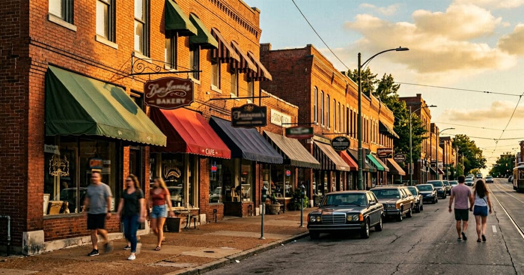 St. Louis commercial street with brick storefronts representing local small business competition and the need for clear brand strategy and positioning