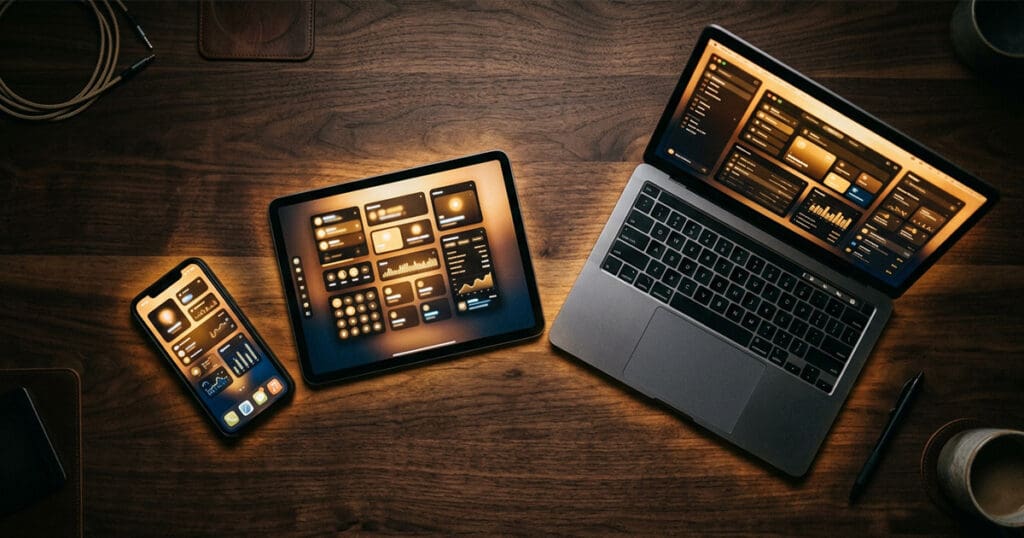 Three devices showing consistent brand presence across phone tablet and laptop representing brand consistency as an SEO and search engine trust signal